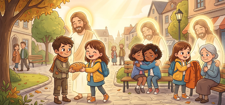 Ilustração infantil Julgados pelo amor ao próximo, as obras de misericórdia