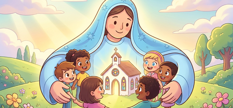 Maria, Mãe da Igreja Nossa Senhora abraçando as crianças
