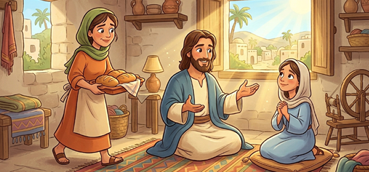 Ilustração infantil Marta e Maria: servir e escutar