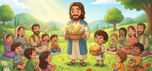 Ilustração infantil da multiplicação dos pães e dos peixes, Jesus alimenta uma multidão