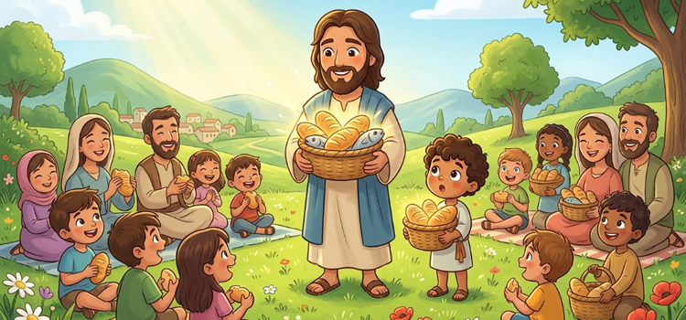Ilustração infantil da multiplicação dos pães e dos peixes, Jesus alimenta uma multidão