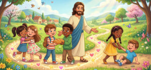Ilustração infantil O Reino de Deus esta presente no amor ao próximo