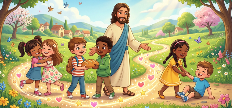 Ilustração infantil O Reino de Deus esta presente no amor ao próximo