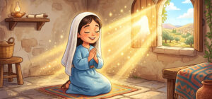 O sim de Maria, ilustração infantil de quando o anjo Gabriel aparece a Maria e ela disse Sim aos planos de Deus