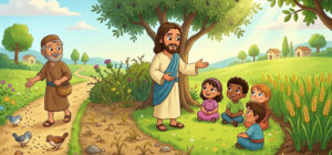 Ilustração infantil a parábola do semeador e as Sementes do Reino de Deus