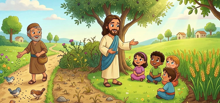 Ilustração infantil a parábola do semeador e as Sementes do Reino de Deus