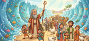Ilustração infantil da travessia do mar vermelho. Moisés e a Páscoa