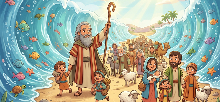 Ilustração infantil da travessia do mar vermelho. Moisés e a Páscoa