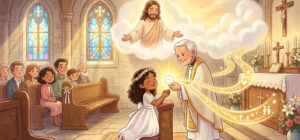 Ilustração infantil Seguir o Caminho de Jesus após a Primeira Comunhão